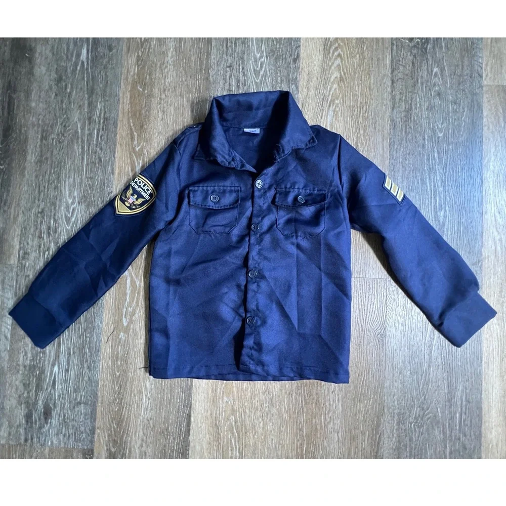 Spirit Police Costume Shirt Kids Small Navy Blue Sergeant Patch Button Down